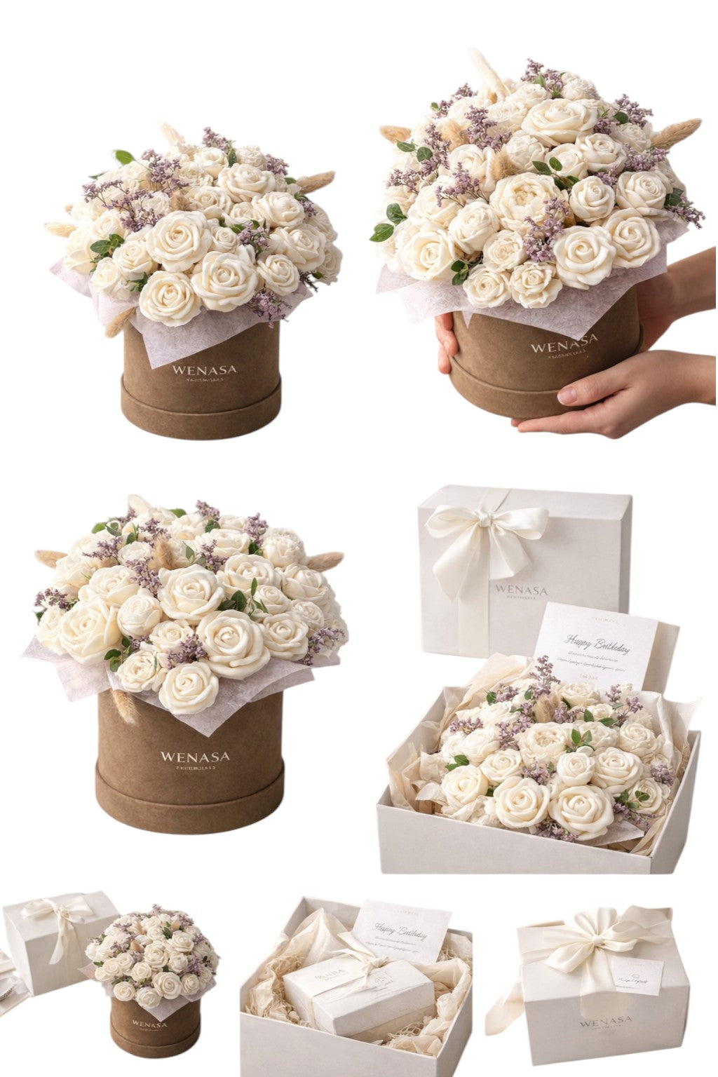 Wenasa wax rose bouquet in a round gift box with dried flowers, featuring 30 handcrafted natural wax candle roses.